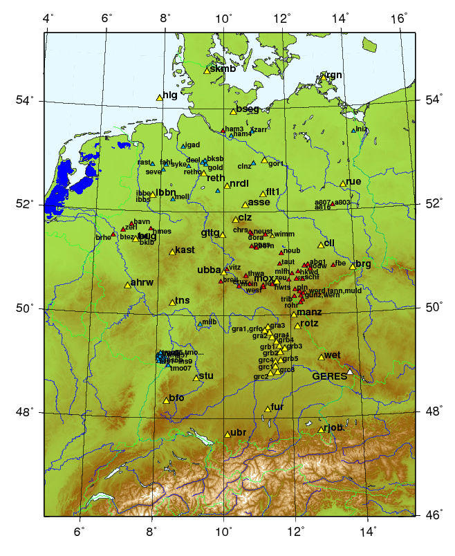 Die Karte zeigt die Lokalisierung seismologischer
            Breitbandstationen in Deutschland.